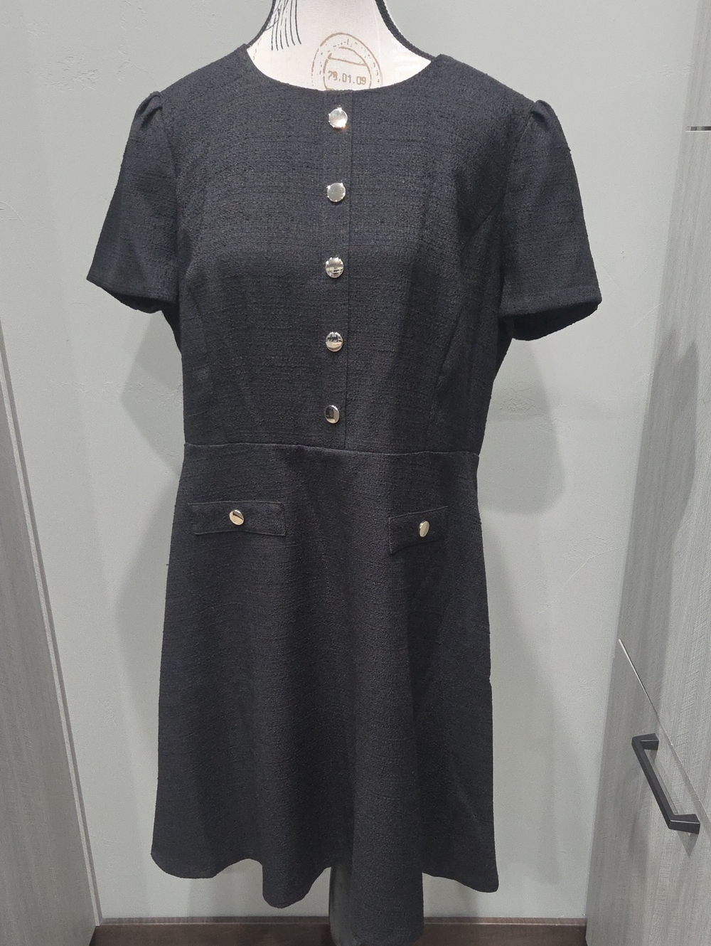 Andrew Marc Black Short-Sleeve A-Line Dress with Button Front